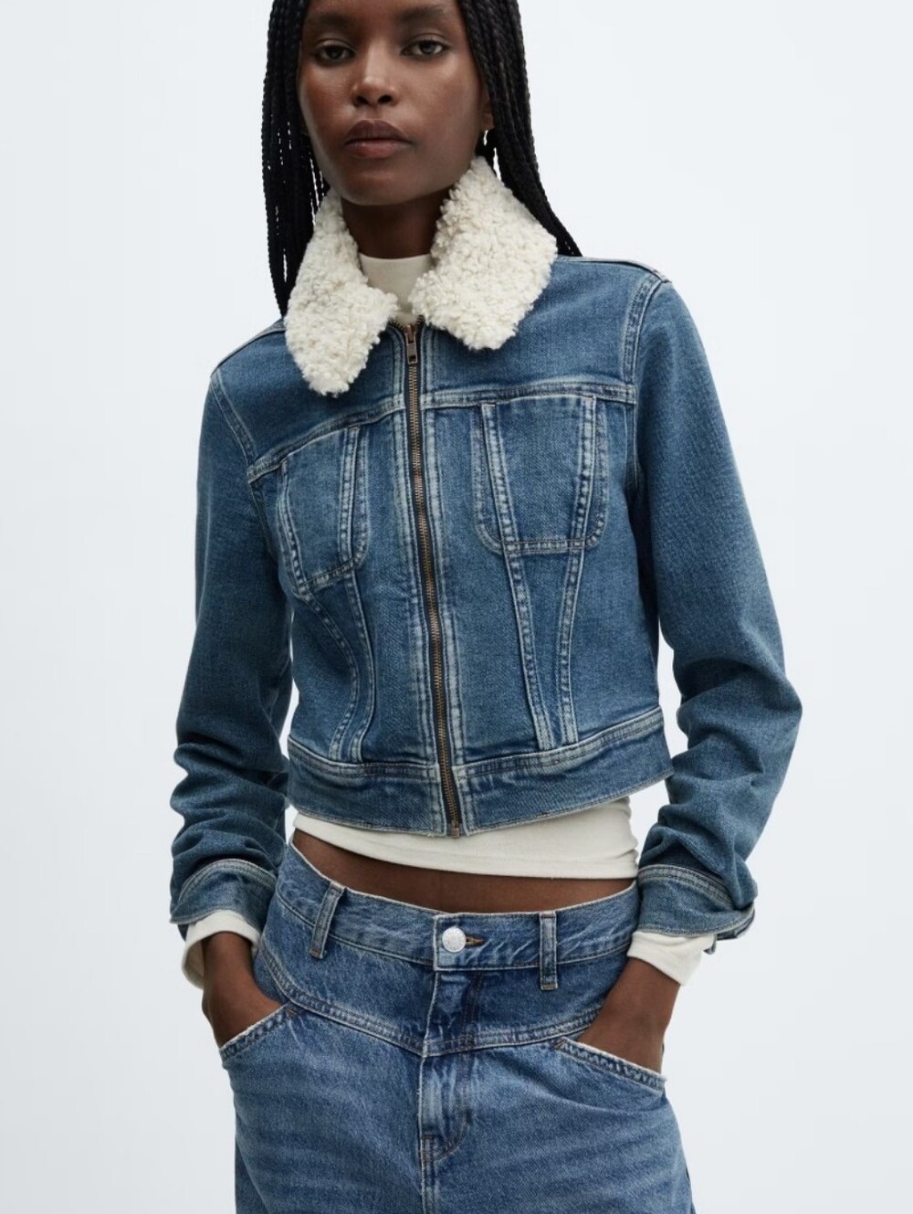 Mango Denim Jacket With Sherling Collar